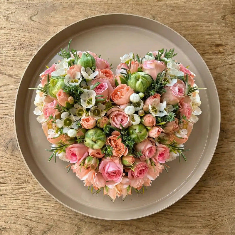 Herzförmiges Blumengesteck mit natürlichem Aufbau – florale Gestaltung von DADA Dornbirn